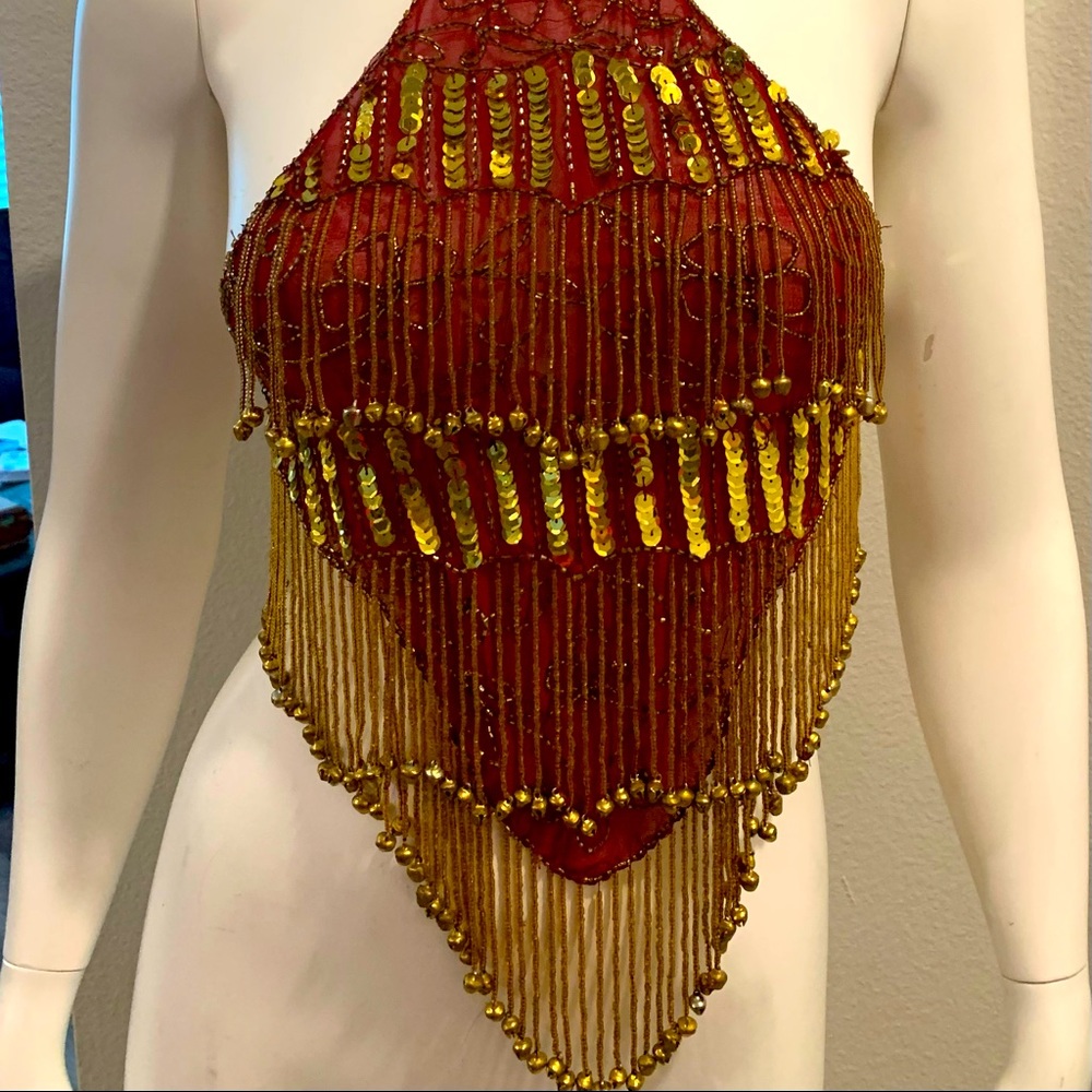 Beaded Fringe Sequin Detail Halter Top